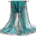 Elegant teal chiffon long scarf featuring a stylish leopard print and gold chain pattern - Teal Leopard Chain Style (45#) / 50x150cm