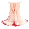 Elegant peach chiffon long scarf with red floral cherry blossom and magpie print - Pink-Red Gradient Magpie Spring Style (53#) / 50x150cm