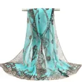 Elegant turquoise chiffon long scarf featuring vintage chain and leopard print patterns - Mint Green Leopard & Chain Style (48#) / 50x150cm