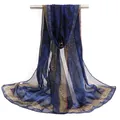 Elegant navy blue and leopard print chiffon long scarf for women with floral patterns - Blue & Camel Patchwork Leopard Floral Style (51#) / 50x150cm