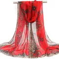 Red chiffon long scarf with elegant leopard print and decorative golden chain design - Red Leopard Chain Floral Style (44#) / 50x150cm