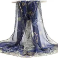 Blue chiffon long scarf with stylish leopard and golden chain print design - Dark Blue Leopard & Chain Style (46#) / 50x150cm