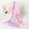 Lightweight pink chiffon long scarf with vibrant blue and pink floral prints - Pink Base Colorful Floral Style (58#) / 50x150cm