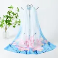 Elegant light blue chiffon scarf with pink floral print displayed on a metal stand - Blue White Gradient Pink Floral Style (91#) / 50x150cm