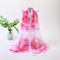 Elegant long white chiffon scarf featuring vibrant pink peony flower prints for women - Pink Floral Print Style (108#) / 50-150cm / White with Pink Flowers