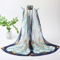 Elegant chiffon long scarf with teal and gold chain belt print for women's fashion - Chain Belt Print Style (71#) / 50-150cm / Blue Tone Print
