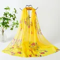 Elegant yellow chiffon long scarf with floral and bird prints for spring and autumn - Yellow Magpie Spring (76#) / 50x150cm / Yellow