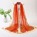 Elegant lightweight long chiffon scarf featuring vibrant orange floral and chain prints - Chain Medal Floral Style (73#) / 50x150cm / Orange