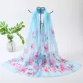 Elegant light blue long chiffon scarf with delicate pink magnolia floral prints for women - Light Blue Pink Magnolia (69#) / 50x150cm / Light Blue