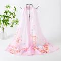 Lightweight pink chiffon long scarf with elegant floral and leaf prints for women - Pink Floral Branch Style (96#) / 50x150cm / Pink