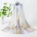 Elegant light grey chiffon long scarf featuring a yellow leaf floral branch print design - Grey White Gradient Yellow Leaf Floral Style (86#) / 50x150cm