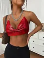 Detail shot of a red metallic mesh halter crop top with a stylish draped cowl neck. - One Size / Tops / Red