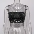Close-up detail of sexy black fishnet tank top with sparkling rhinestone embellishments - XS / Top (Round Neck) / Black