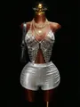 Detail of silver crystal fringe body chain and metallic shorts for rave outfits. - One Size / Silver