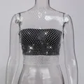Close-up detail of sexy black bandeau top with sparkly rhinestone fishnet overlay - XS / Top (Round Neck) / White