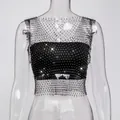 Detail view of sexy black fishnet tank top with sparkling rhinestones on mannequin. - XS / Top (V-Neck) / Black