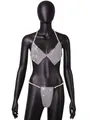 Detailed view of a sexy silver pearl beaded halter bikini set on a black mannequin. - One Size / Top And Bottom / Silver