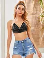 Glamorous sexy black sequin halter crop top with backless design for summer parties - One Size / Tops / Black