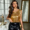 Detail view of a sexy gold metallic sequined top for music festivals and parties - One Size / Top (Y1355) / Gold