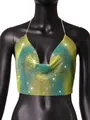 Close-up view of green and yellow gradient rhinestone mesh halter top on mannequin - One Size / Tops / Yellow Green Blue
