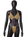 Detailed view of a luxurious gold metallic beaded bikini set with pearl straps on mannequin - One Size / Top And Bottom / Gold