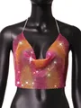 Close-up detail of a sparkling pink and orange rhinestone mesh halter neck crop top - One Size / Tops / Rose Red Yellow