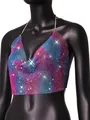 Macro view of sparkling multi-colored rhinestone mesh halter top for party and club wear. - One Size / Tops / Rose Red And Blue