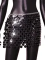 Close-up detail of a glamorous black sequin mini skirt featuring a silver chain waist. - One Size / Black
