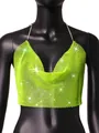Detailed macro view of vibrant neon green rhinestone mesh halter top on black mannequin - One Size / Tops / Fluorescent Green