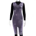 Detail of purple fishnet mesh dress with sparkling rhinestones and hollow design - XS / Top And Bottom / Purple