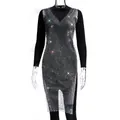 Detail van de fonkelende strass mesh jurk met diepe V-hals en uitgesneden design - Zilver