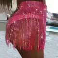 Detail view of a hot pink rhinestone fringe mini skirt with shimmering sequin accents. - S / Rose Red