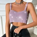 Detailed view of lavender metallic sequin mesh crop top with shimmering sparkles - One Size / Tops / Pink