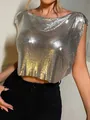 Detailed view of silver metallic sequin mesh sleeveless crop top for music festivals - One Size / Top (Y1355) / Silver