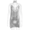 Detailed view of silver metallic chainmail mini dress with a deep V-neckline - XS / Silver