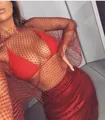 Detail view of red beaded mesh long sleeve dress with transparent grid texture - XS / Top And Bottom / Red