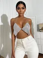 Sexy silver rhinestone mesh halter top featuring a backless sparkle chain detail design - One Size / Tops / Silver