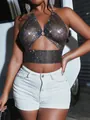 Black sparkly rhinestone halter neck crop top for women's night out and party occasions - XS / Tops / Black