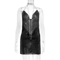 Close-up of black metal mesh mini dress with deep V-neck and halter straps for party - Black