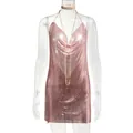 Close-up of pink metallic mesh mini dress with deep V-neck and halter chain straps. - Rose Gold
