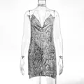 Close-up of sexy deep V-neck metallic snakeskin print chain halter mini dress - Snakeskin Pattern