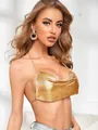 Prachtige sexy goudkleurige metallic mesh haltertop met open rug ontwerp voor dames - Eén maat / Tops / Goud