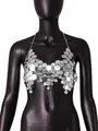 Detailed close-up of a sexy silver sequined halter chain top with backless design - One Size / Tops / Silver