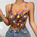 Sexy colorful acrylic disc crop top with metallic linked sequins for club parties. - One Size / Tops / Color Block