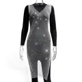 Sparkling silver rhinestone mesh fishnet dress with deep V-neck design for elegant party wear - XS / Top And Bottom / White