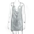 Silver metallic mesh sequin camisole mini dress with deep V-neck and cowl drape front - S / Top And Bottom / Silver