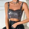Close-up detail of a sparkly silver metallic mesh sequin crop top for women's party wear - One Size / Tops / Gunmetal