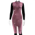 Elegant pink rhinestone fishnet midi dress featuring a round neck for summer party occasions - XS / Pink
