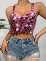 Detailed shot of a sexy pink acrylic disc sequin halter top with fringed denim shorts - One Size / Tops / Rose Red