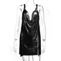 Detailed view of black sequined cowl neck mini dress on mannequin - S / Top And Bottom / Black